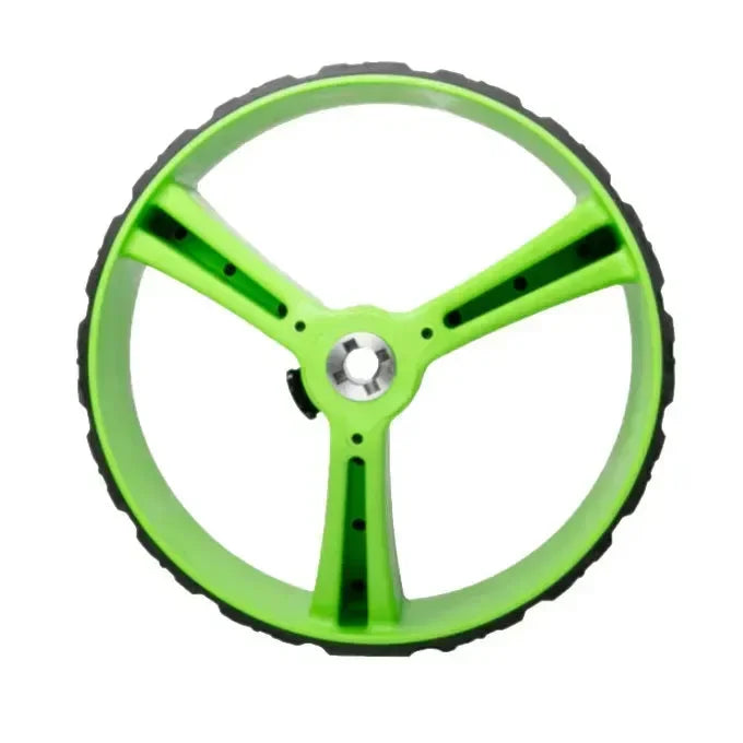 Green 15mm axle golf buggy wheel with three spokes and black tread, golf cart spare part