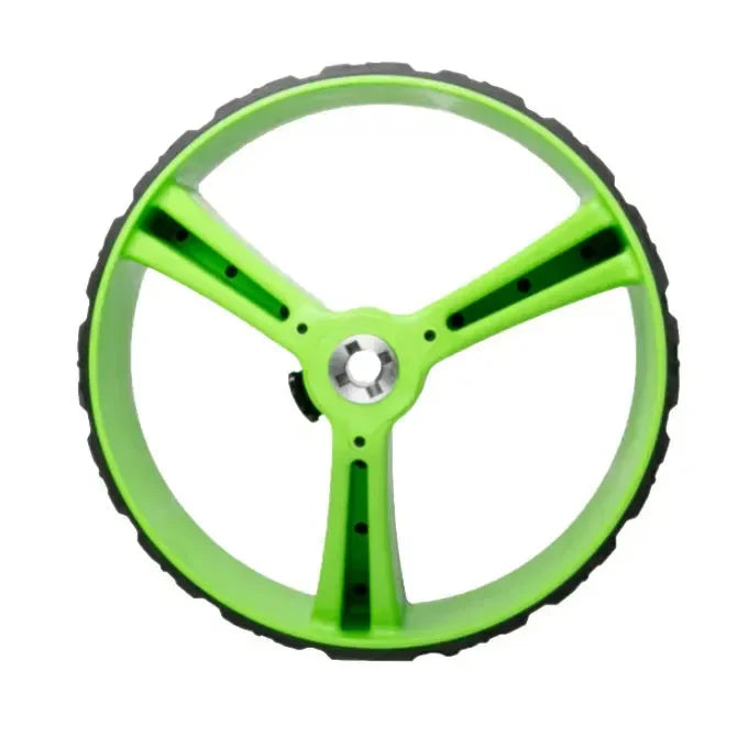 MGI Zip X5 electric golf buggy 15mm axle replacement wheel, green and black, on white background