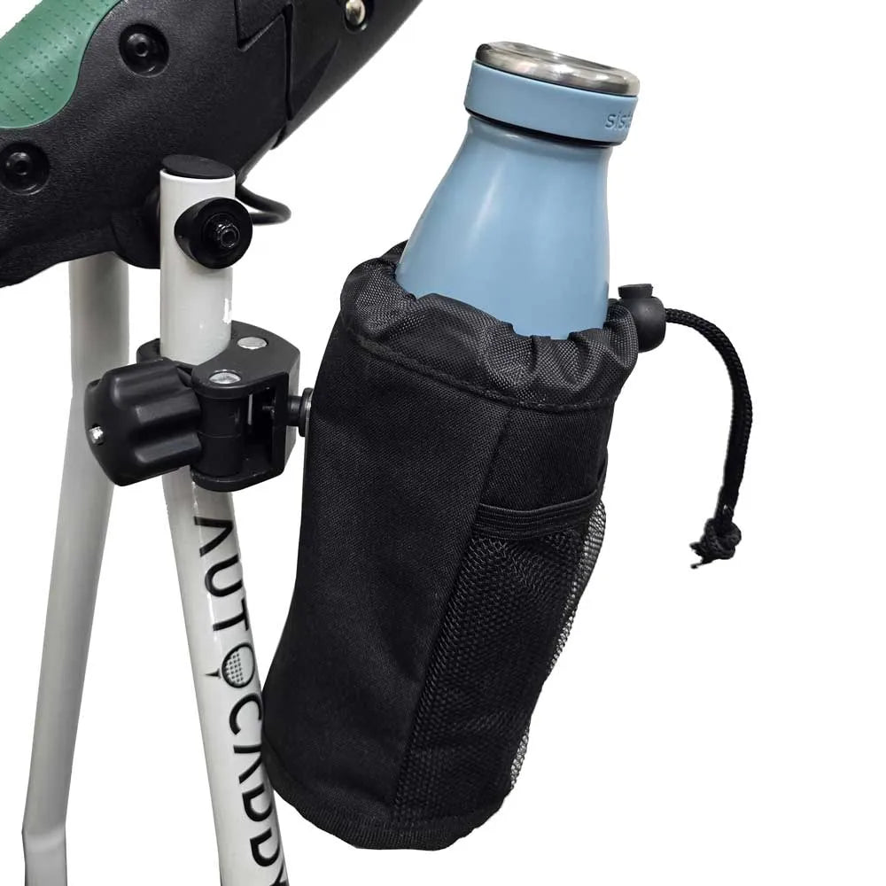 Golf buggy drink holder with blue bottle attached to electric golf cart frame