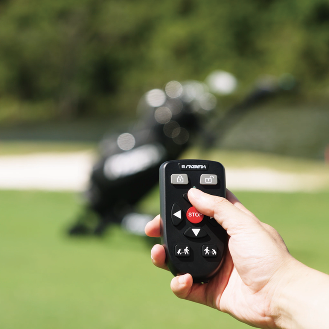 Robera Pro remote control with full functions including directional buttons, activate follow me mode and marching mode, and also remote lock and unlock buttons