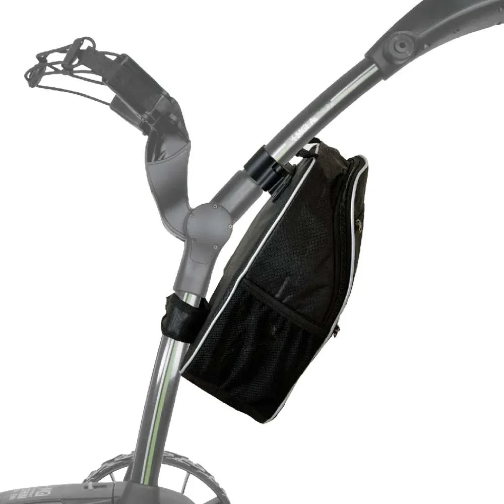 Black zip cooler bag attached to an electric golf buggy handle, golf accessory