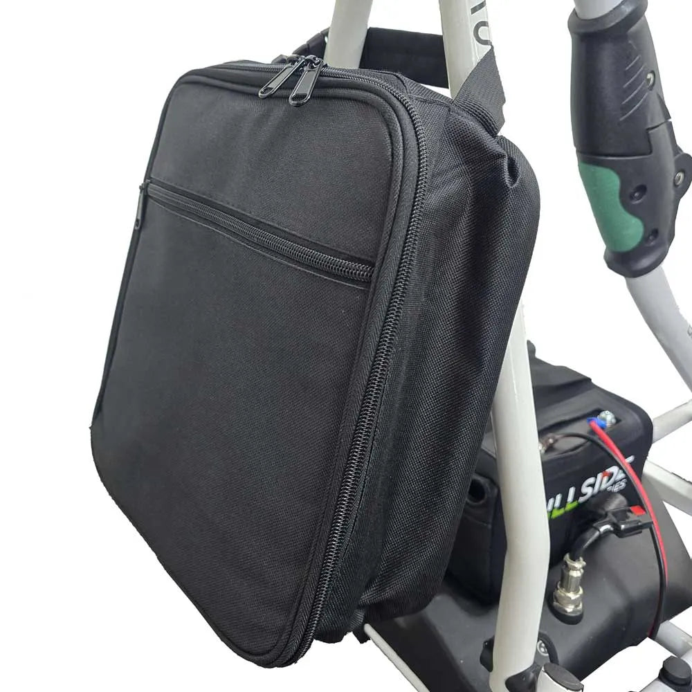 Black golf buggy cooler bag attached to electric golf cart handle, Hillside Buggies accessory