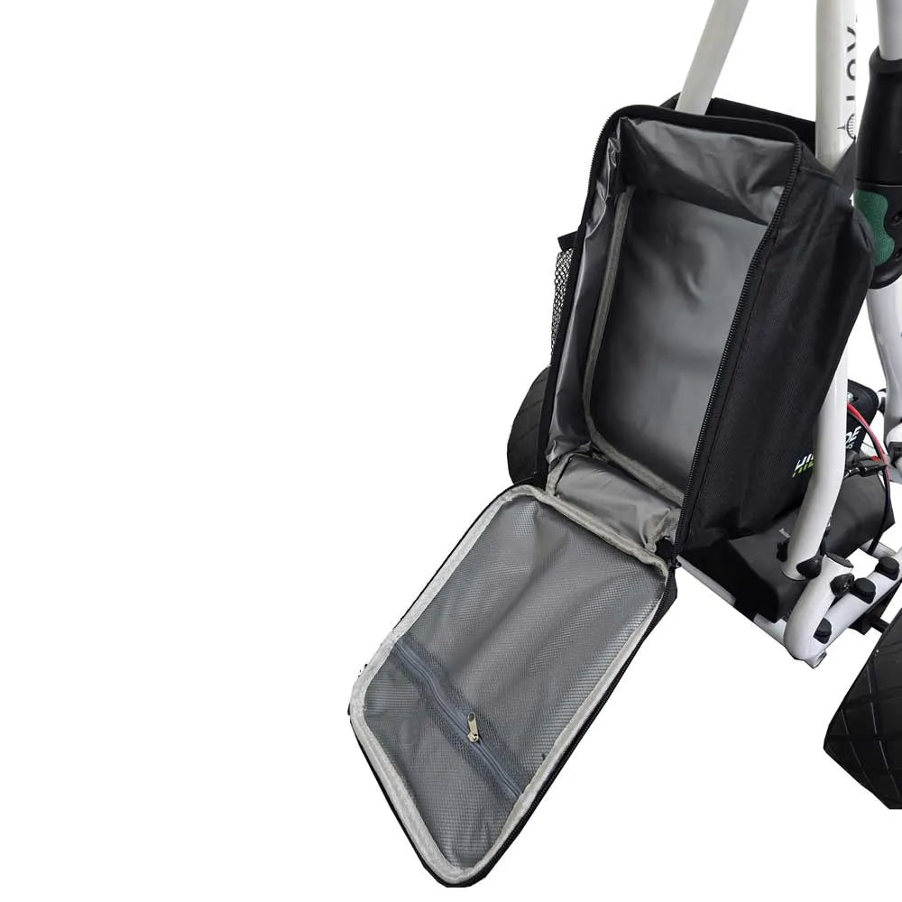 Open golf buggy cooler bag attached to electric golf cart, black insulated design