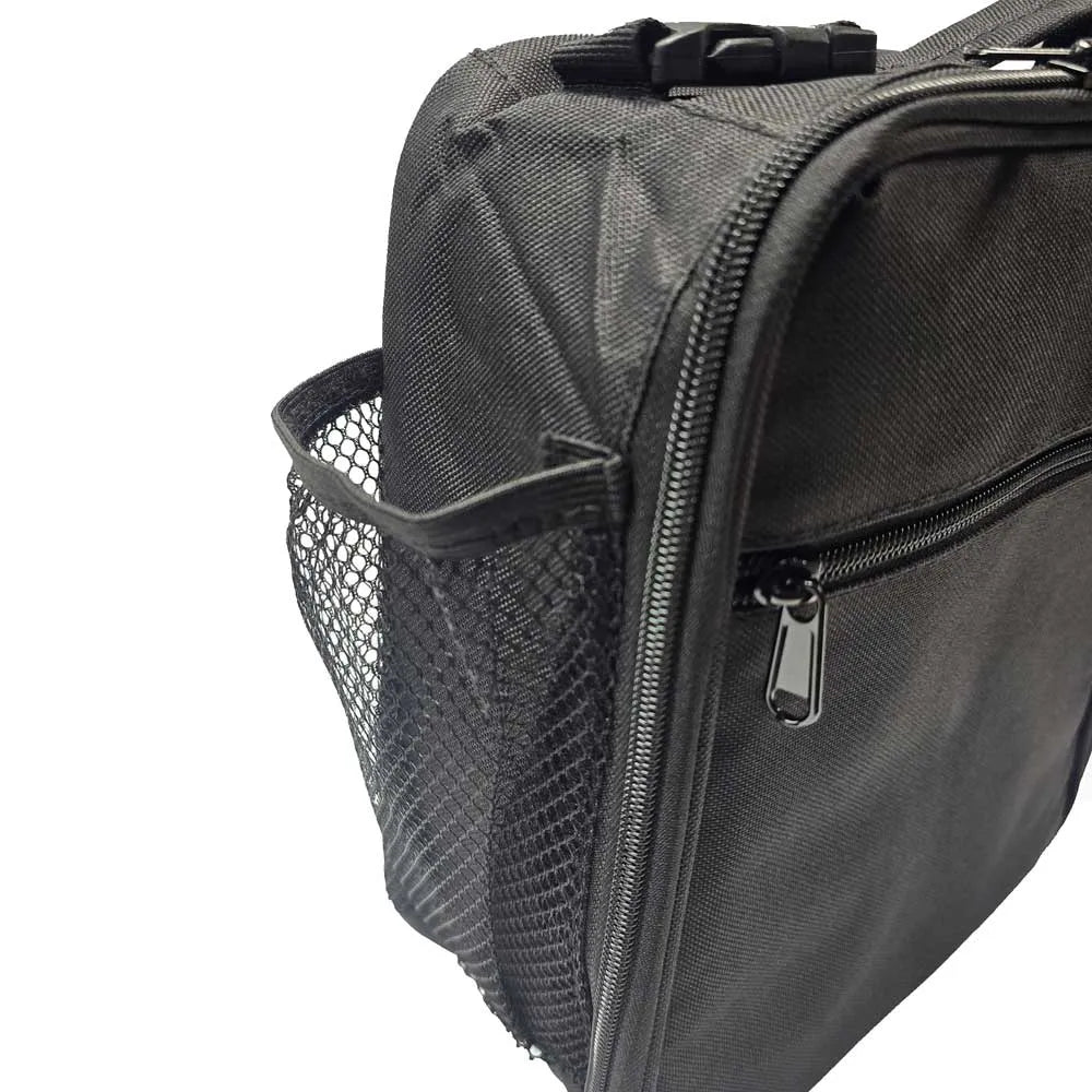 Close-up of a black golf buggy cooler bag with mesh pocket and zip, Hillside Buggies accessory