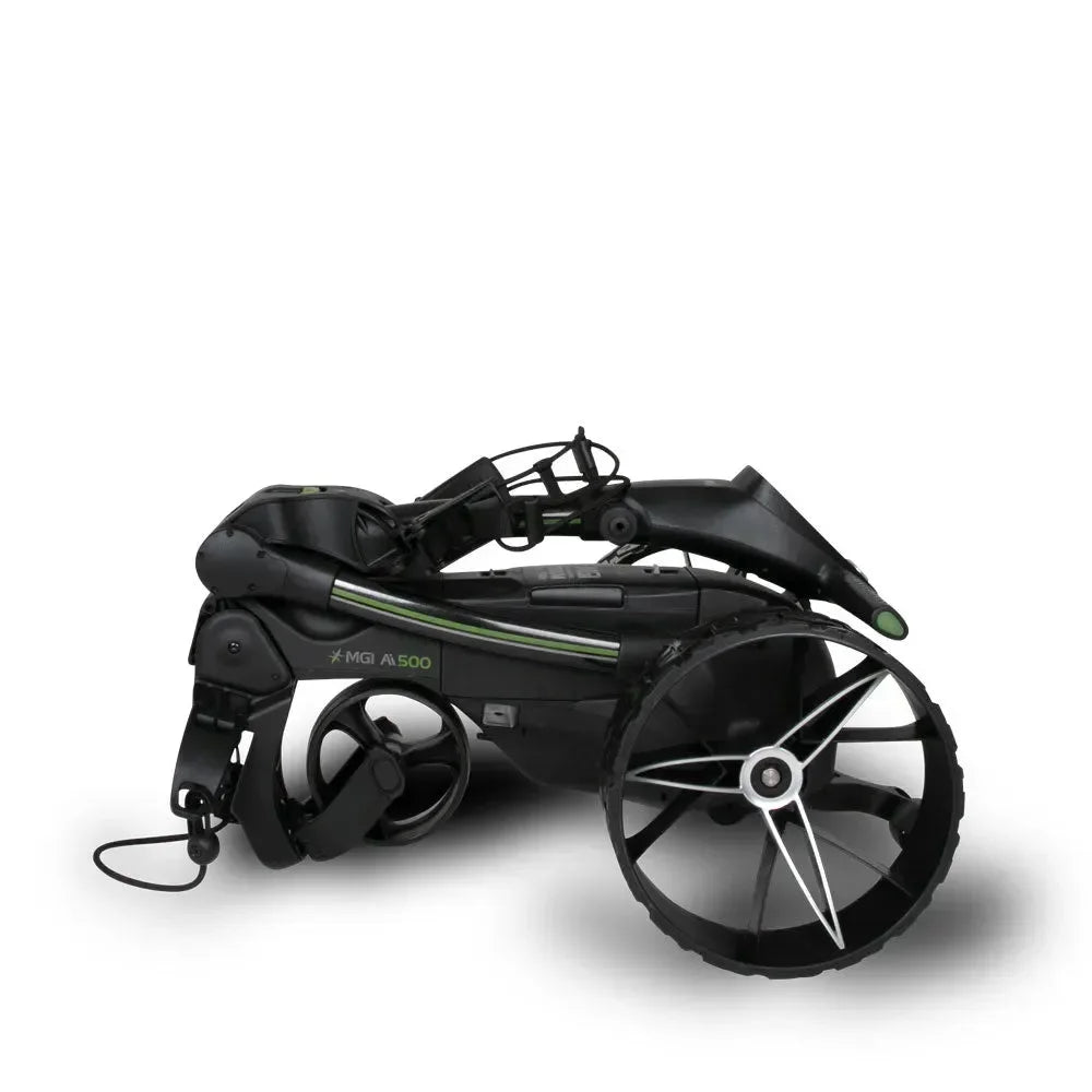 Folded MGI AI 500 lithium electric golf buggy with black frame and green accents, Hillside Buggies