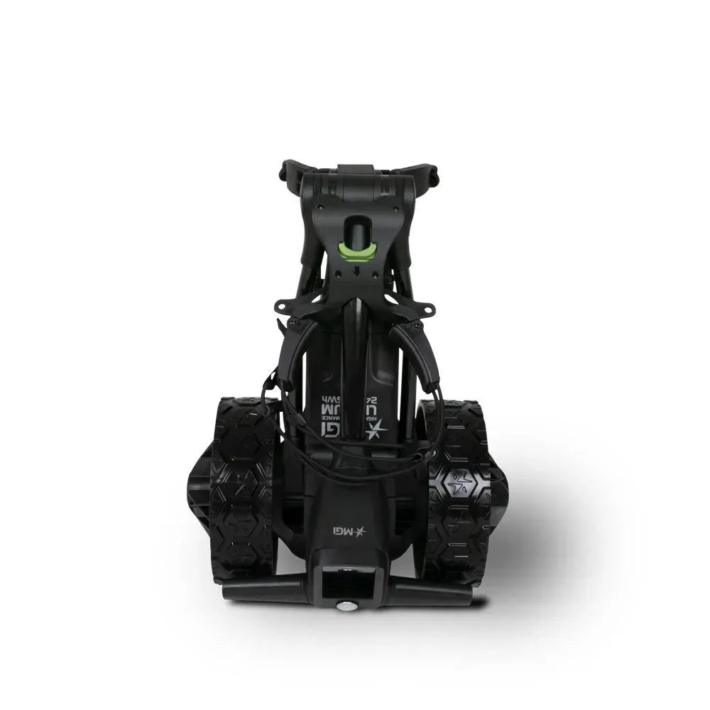 Folded MGI AI-500 lithium electric golf buggy with rugged wheels, Hillside Buggies