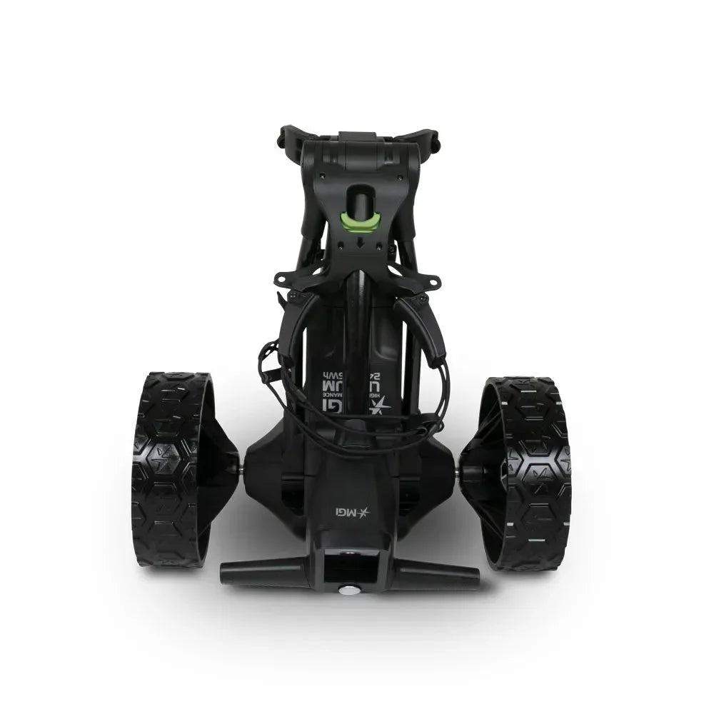 Folded MGI AI-500 lithium electric golf buggy with rugged wheels, from Hillside Buggies.