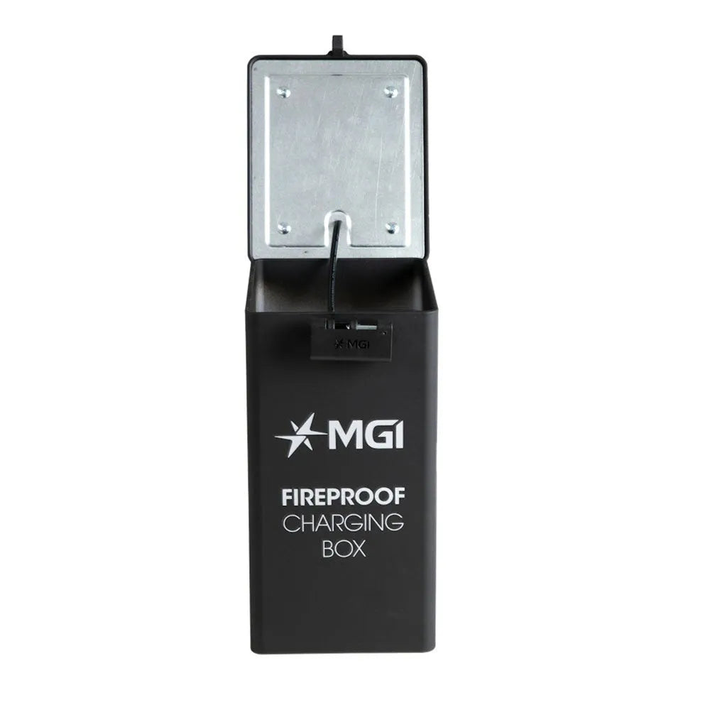 MGI fireproof charging box for electric golf buggy batteries, open with visible cable