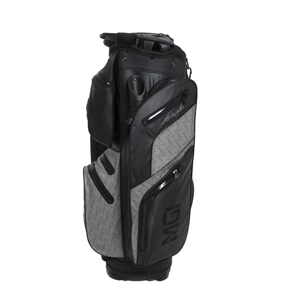 Gray and black waterproof golf bag with multiple zippered pockets, upright on white background