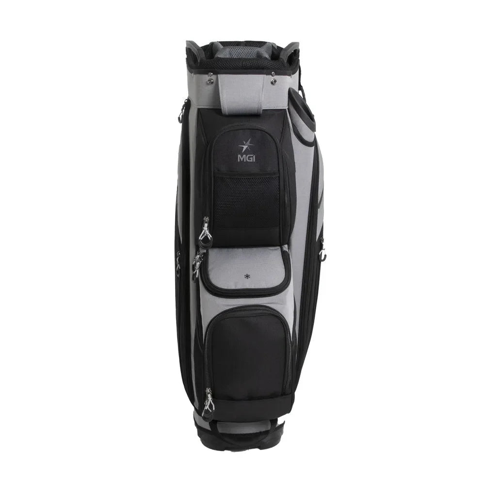Lightweight grey and black golf bag with multiple zippered pockets, upright on white background