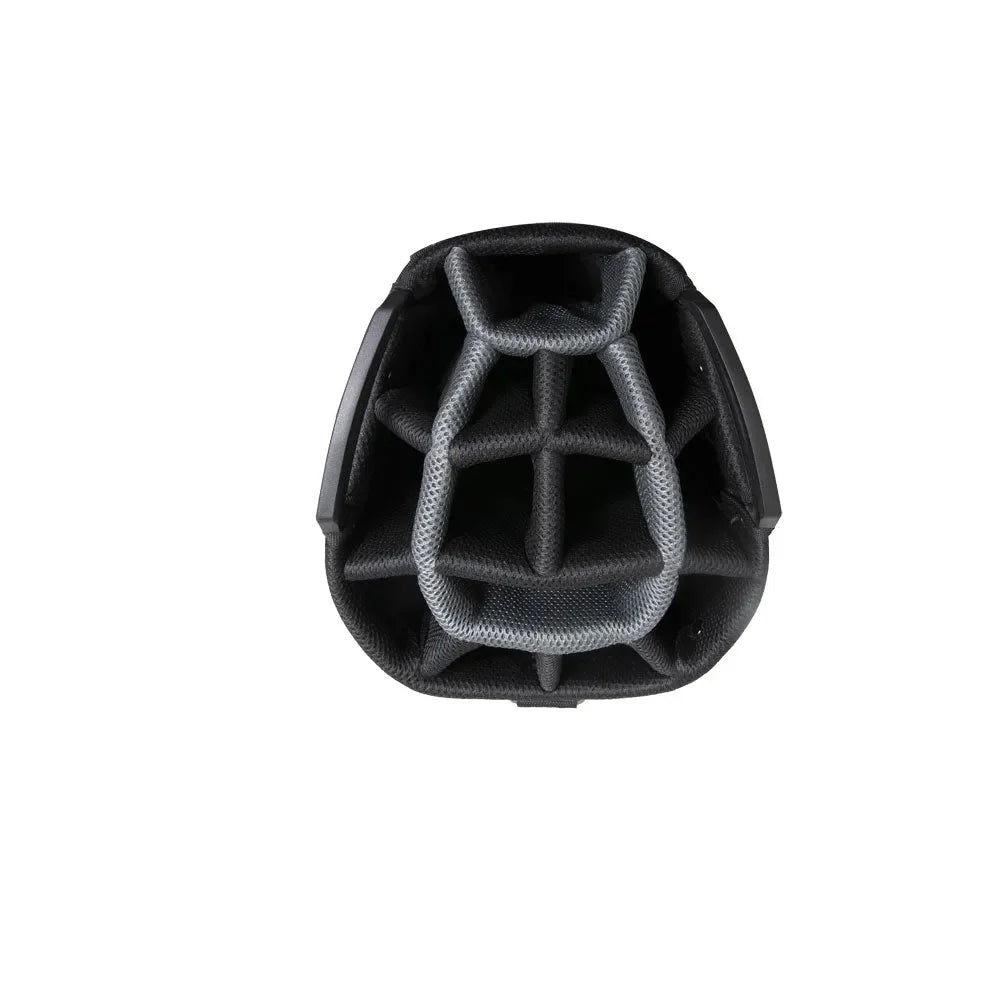Top view of black golf bag with multiple club dividers, lightweight golf cart accessory