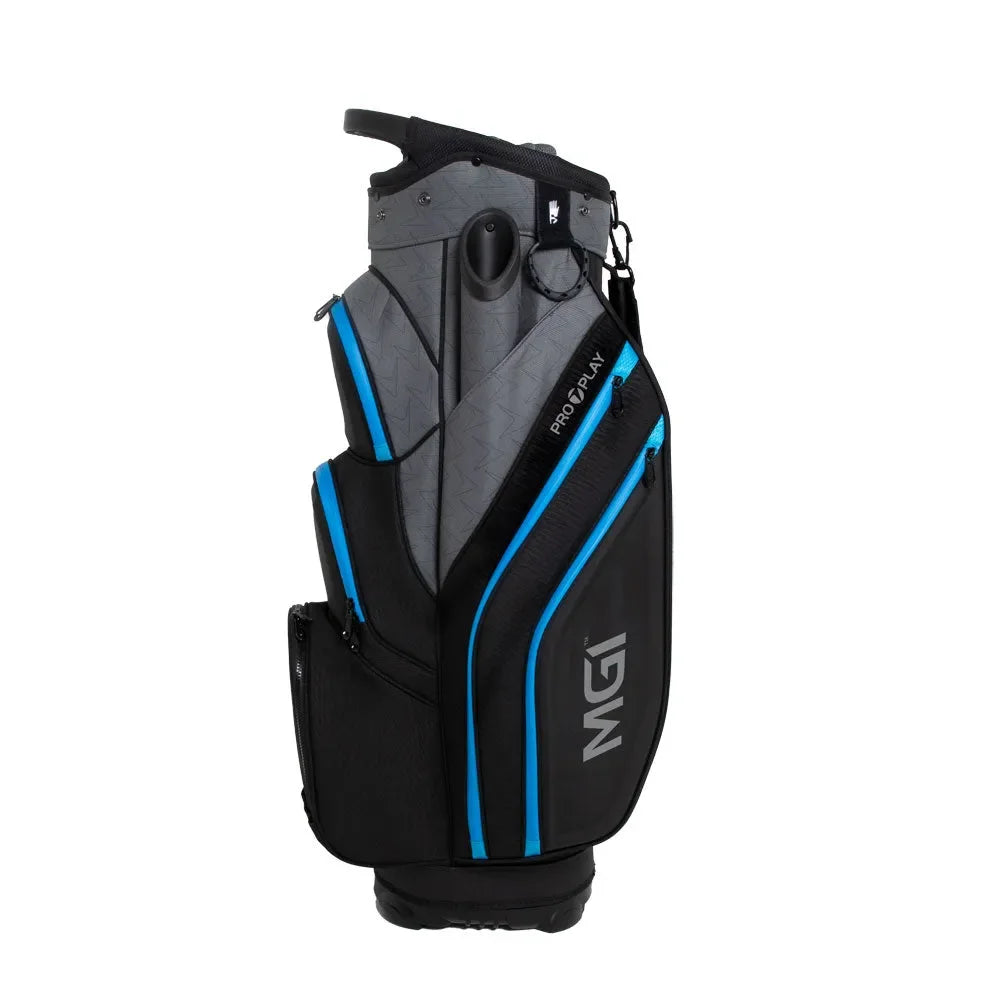 Black and grey golf bag with blue accents, upright, multiple zippered pockets, MGI logo