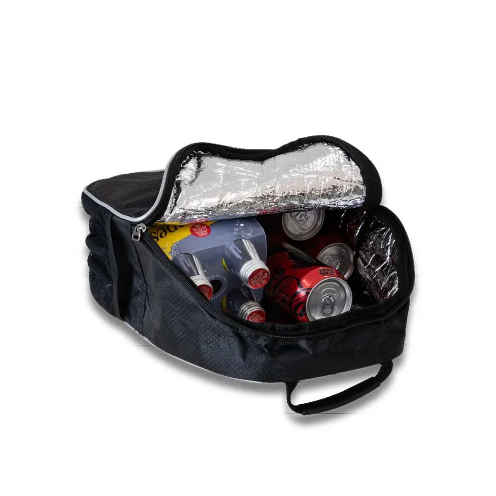 Large black insulated cooler bag with zip, filled with cans, perfect golf buggy accessory