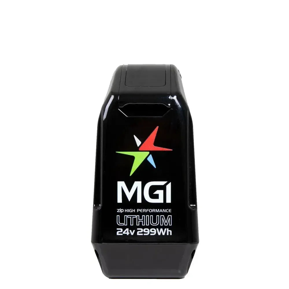 MGI Zip 24V 299Wh lithium battery for electric golf buggy, black rectangular design
