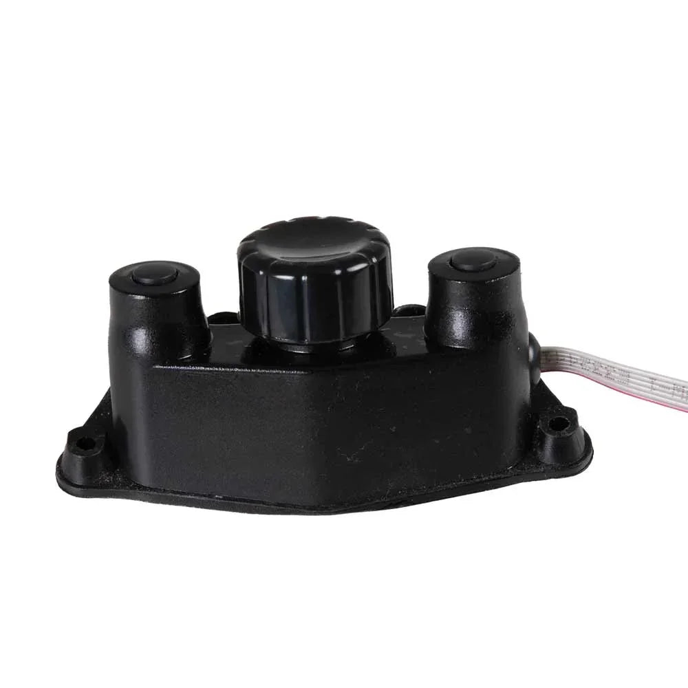 Black electric golf buggy speed controller with knob and buttons on white background