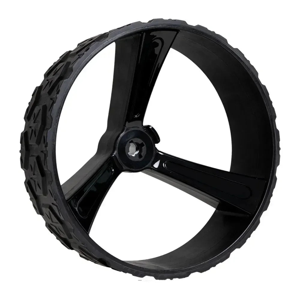 Black plastic three-spoke golf buggy wheel with tread, 15mm axle, spare part
