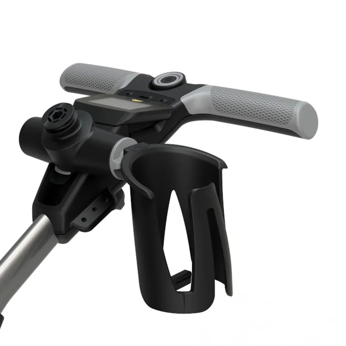 Black drink holder accessory mounted on electric golf buggy handlebar