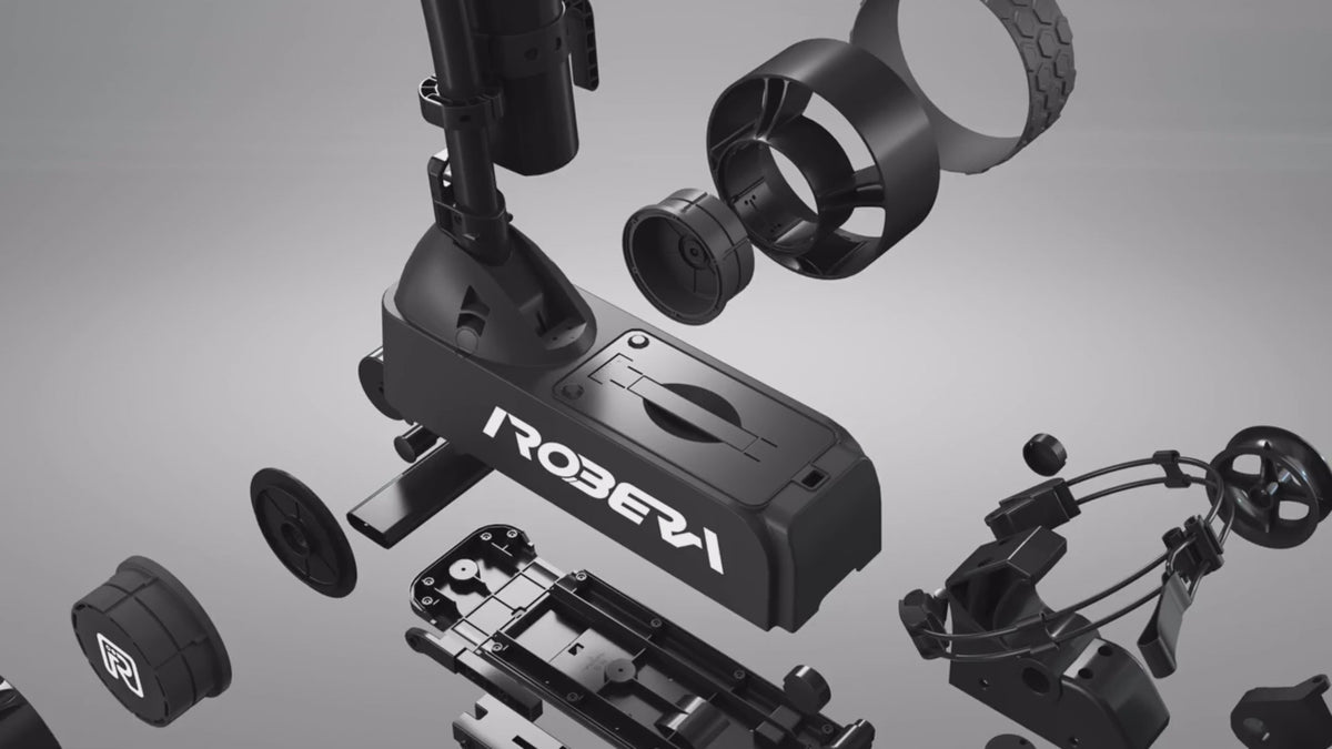 Load video: Robera Pro follow remote control elctric golf buggy has many features including one touch follow mode, automatic restart and hazard avoidance