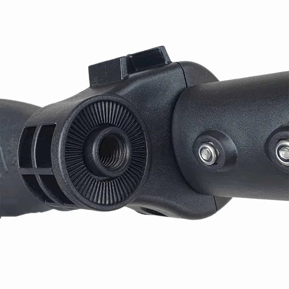 Close-up of Autocaddy electric golf buggy accessory mounting joint, black plastic with screws.