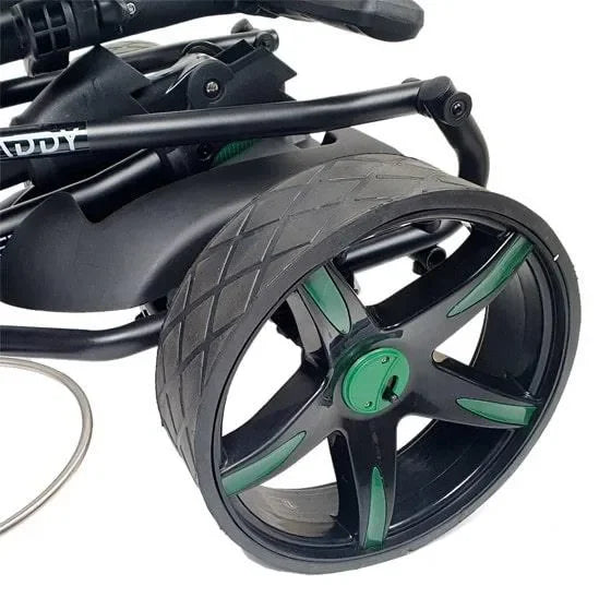 Close-up of a folded electric golf buggy wheel with black and green accents