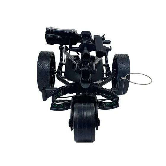 Folded electric golf buggy with three wheels and sturdy frame, rear view