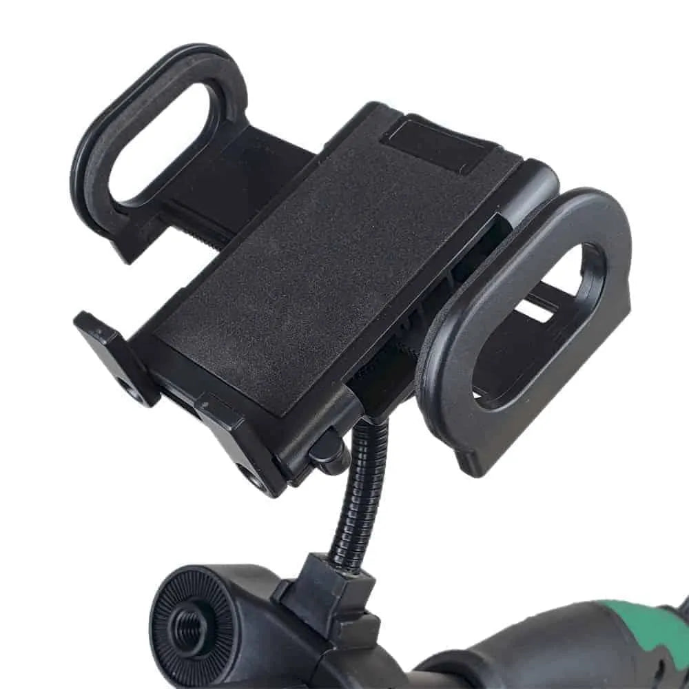 Autocaddy black phone holder mount for electric golf buggy, close-up view