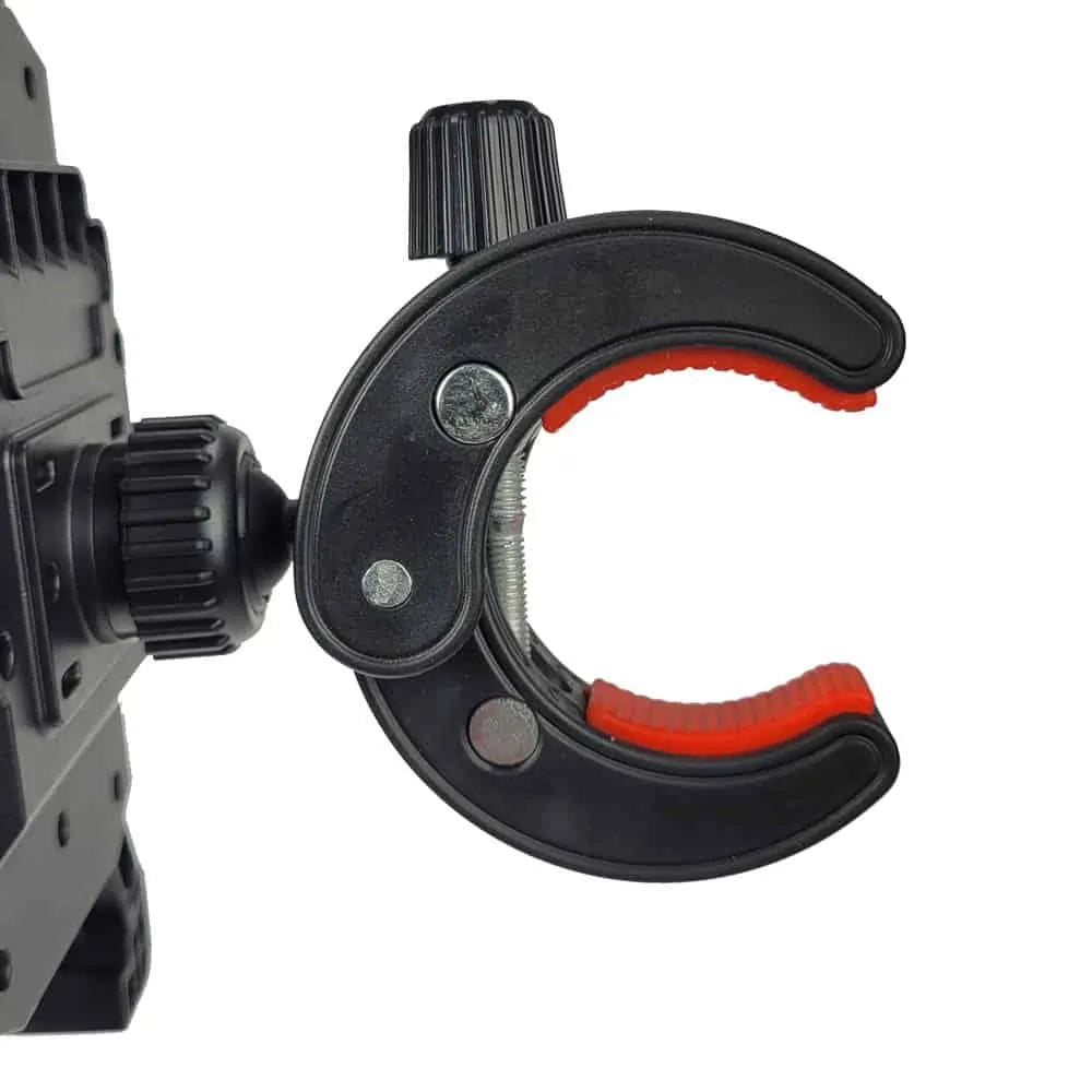 Golf buggy phone holder clamp accessory with red grips for electric golf carts