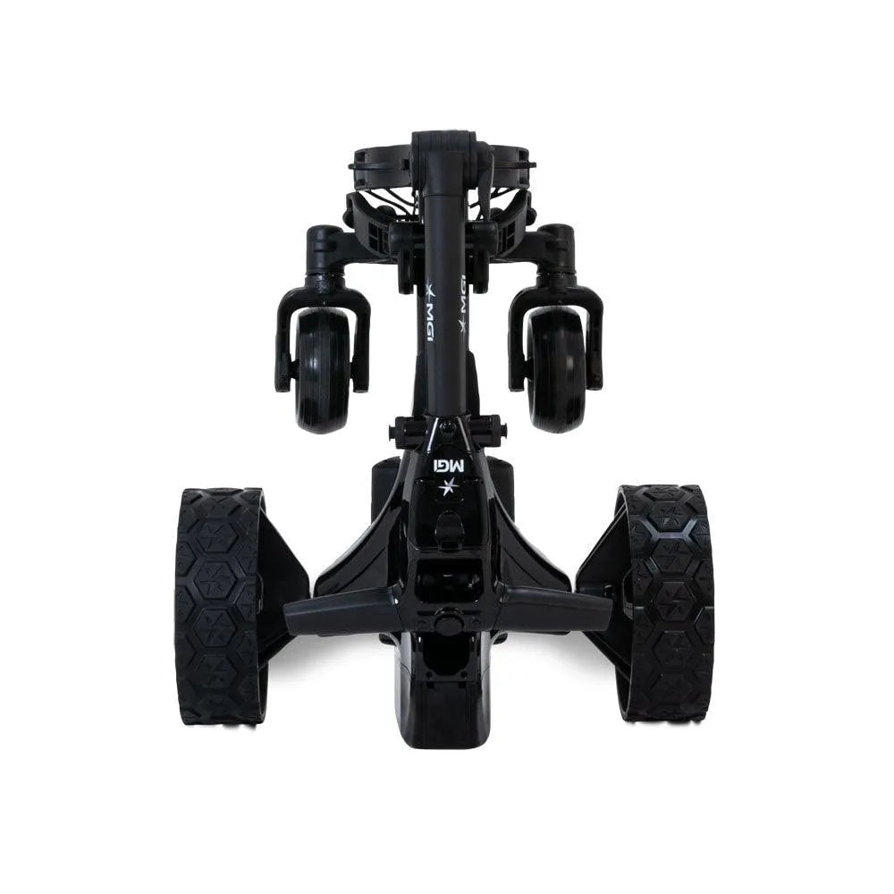 MGI Zip Navigator all-terrain electric golf buggy with rugged wheels, front view