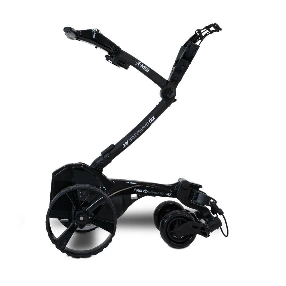 MGI Zip Navigator AT electric golf buggy in black with rugged all-terrain wheels