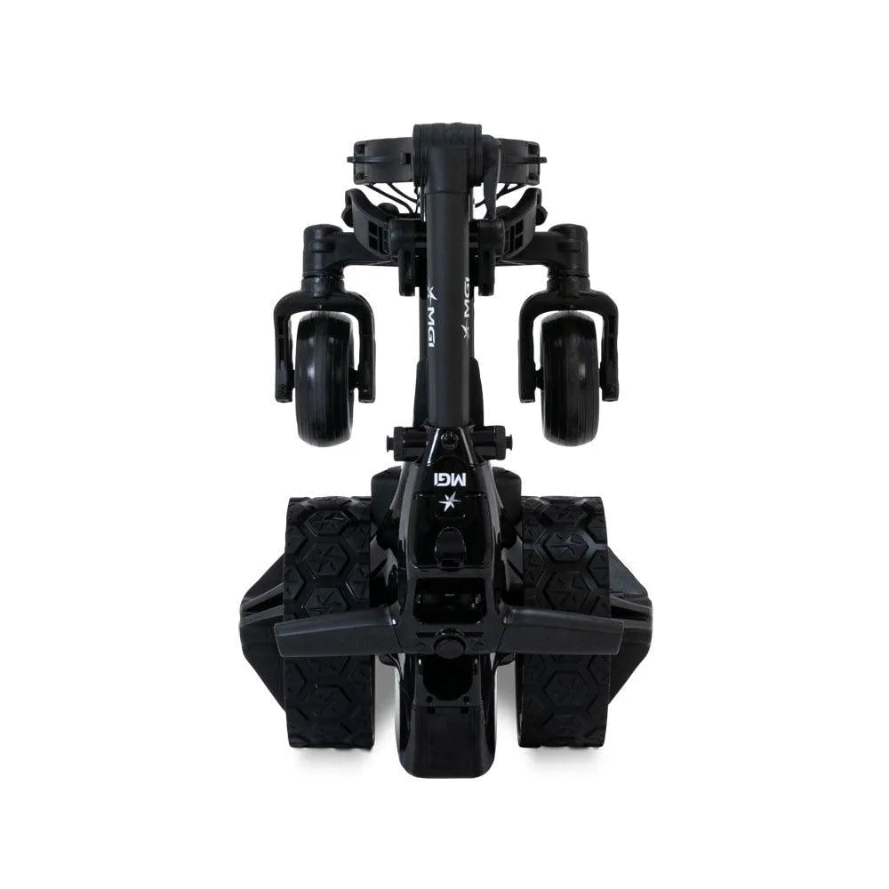 MGI Zip Navigator all-terrain remote golf buggy with sturdy wheels, shown from front view