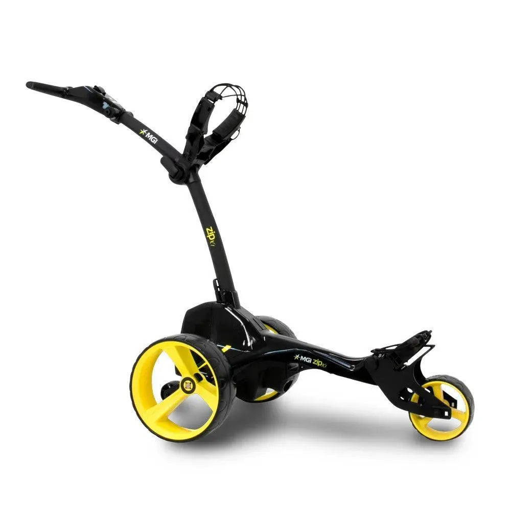 MGI Zip X1 36 hole lithium electric golf buggy with yellow wheels from Hillside Buggies