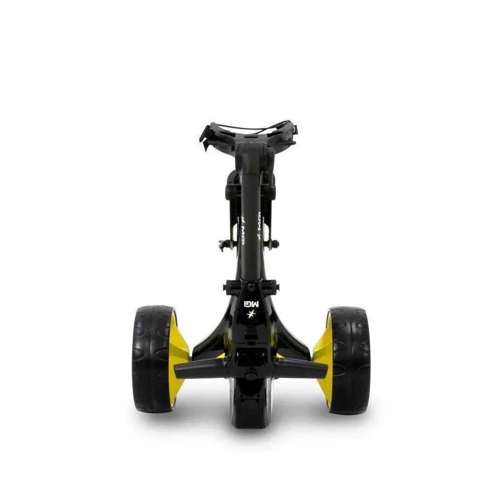 MGI Zip X1 electric golf buggy with lithium battery, black frame and yellow wheels, front view