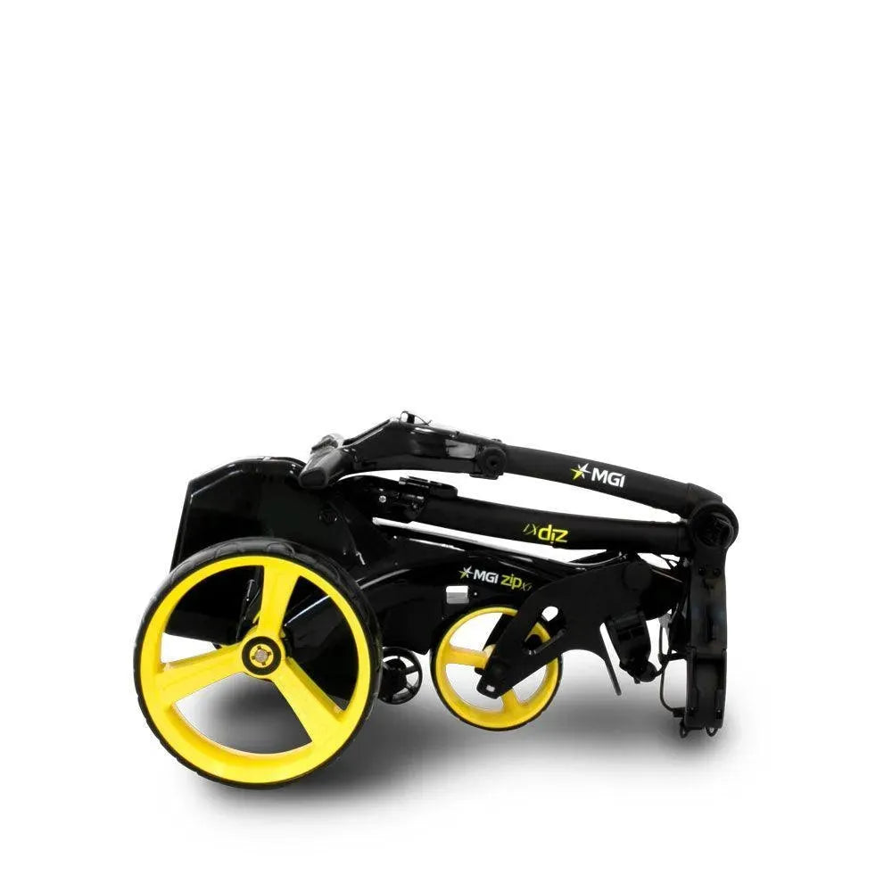 Folded MGI Zip X1 36 hole lithium electric golf buggy with yellow wheels from Hillside Buggies