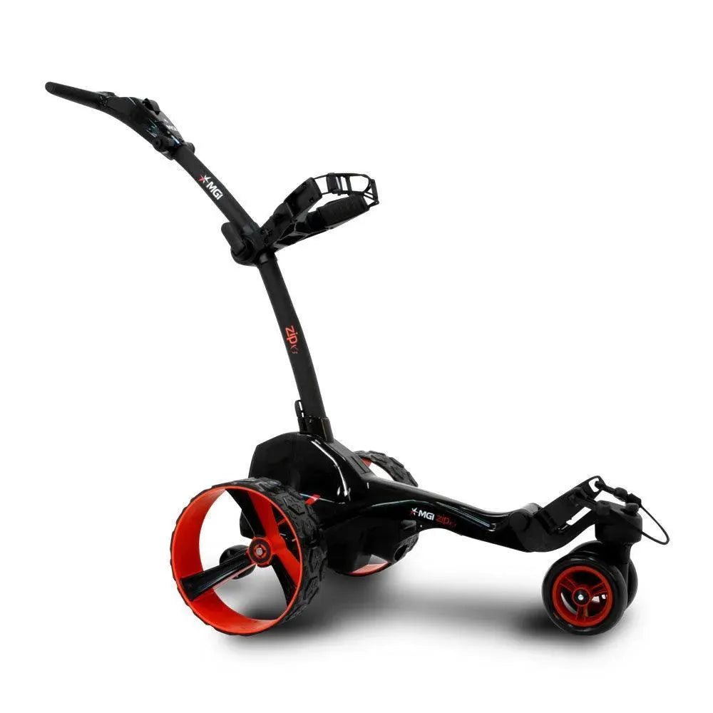 MGI Zip X3 electric golf buggy with red wheels, black frame, sold by Hillside Buggies