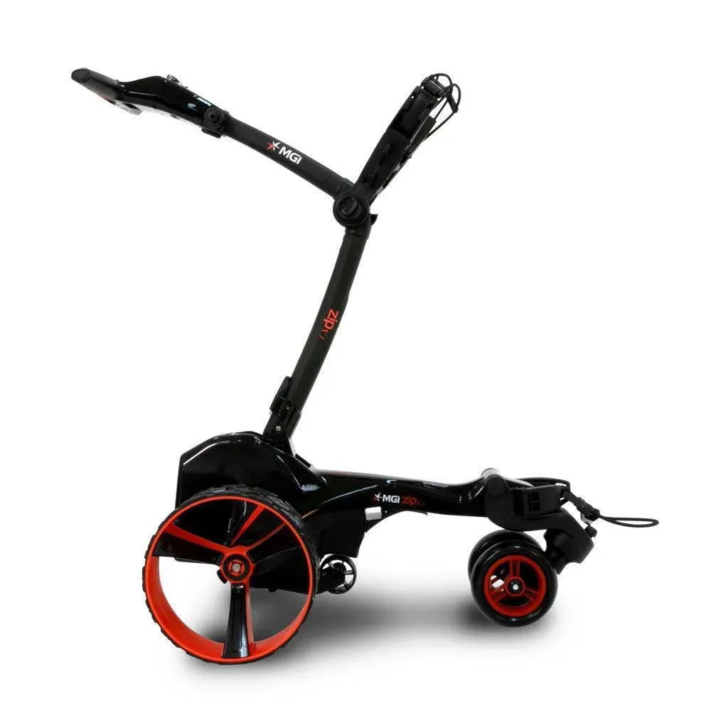 MGI Zip X3 36 hole lithium electric golf buggy in black with red wheels on white background