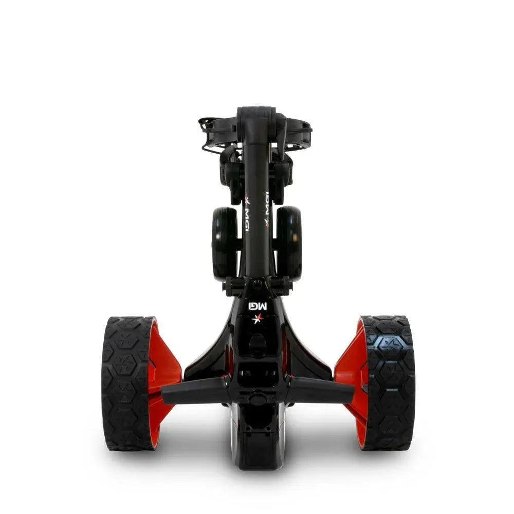 MGI Zip X3 electric golf buggy with large wheels, black and red design, product front view