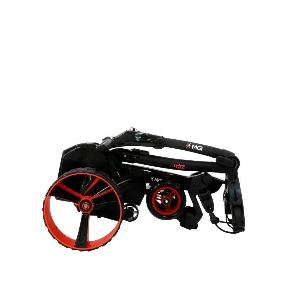 Folded MGI Zip X3 electric golf buggy with red and black wheels, Hillside Buggies