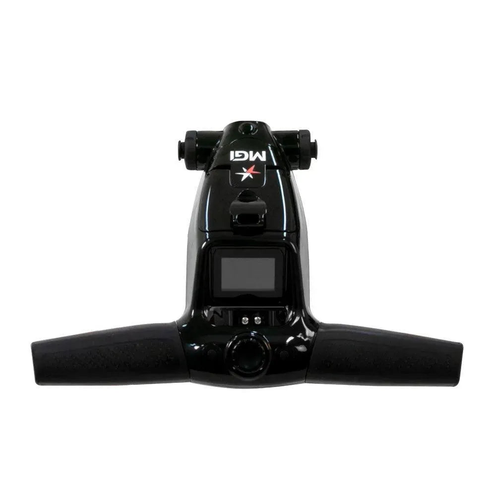 MGI electric golf buggy handlebar with display, controls, and Hillside Buggies branding