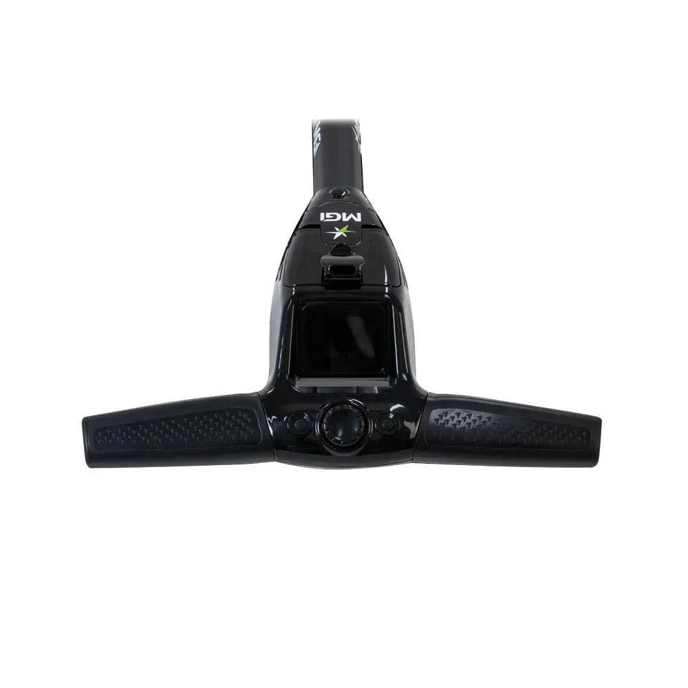 Top view of MGI Zip X5 electric golf buggy handle with control panel, Hillside Buggies
