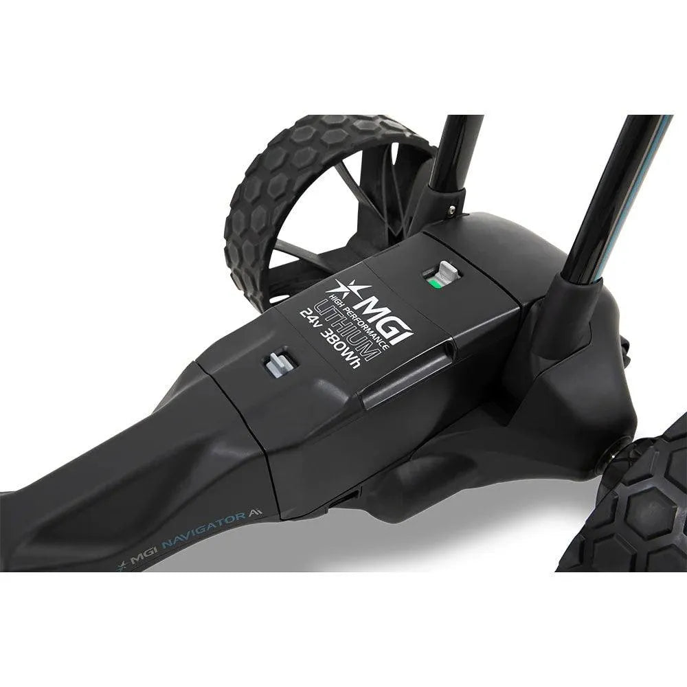 MGI electric golf buggy lithium battery and wheels, close-up, at Hillside Buggies