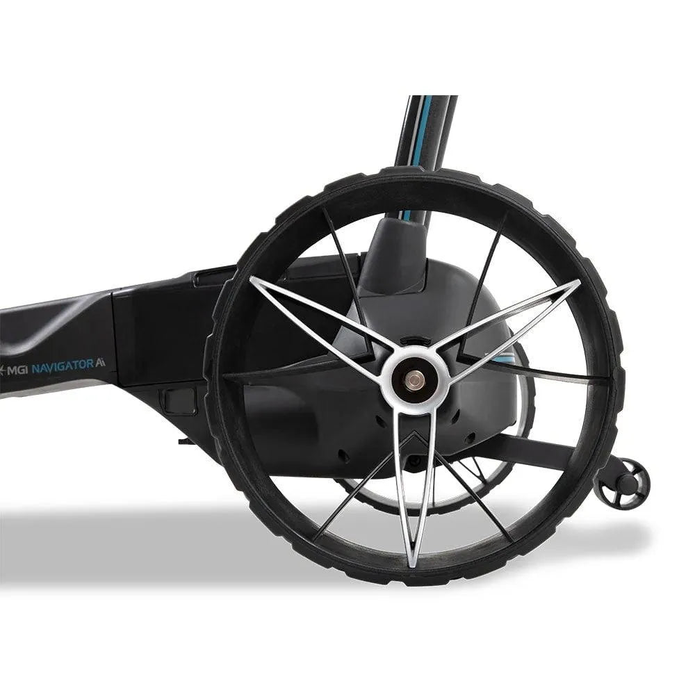 MGI Ai Navigator electric golf buggy rear wheel close-up at Hillside Buggies