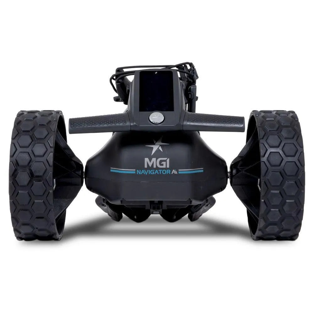 Front view of MGI Navigator AI remote electric golf buggy with rugged wheels, Hillside Buggies