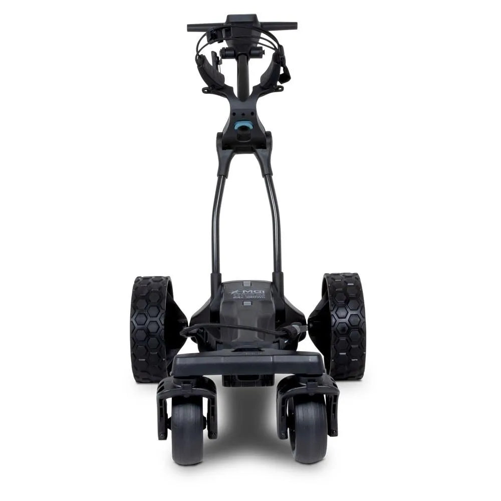 Front view of MGI AI Navigator GPS remote control electric golf buggy with rugged wheels from Hillside Buggies.