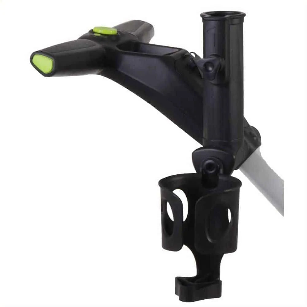 Black drink holder accessory attached to electric golf buggy handle, Hillside Buggies