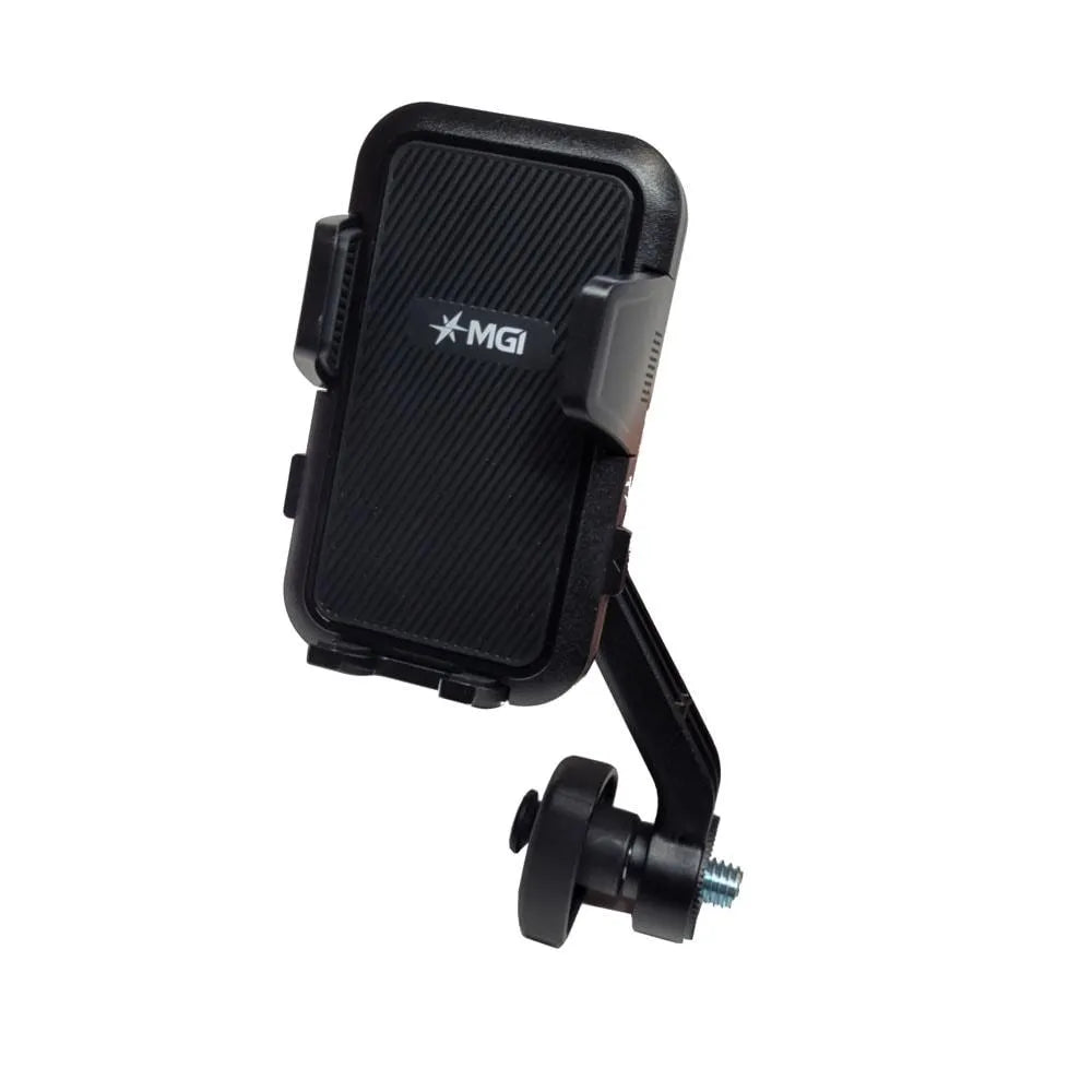 MGI black phone holder golf buggy accessory with adjustable arm, sold by Hillside Buggies