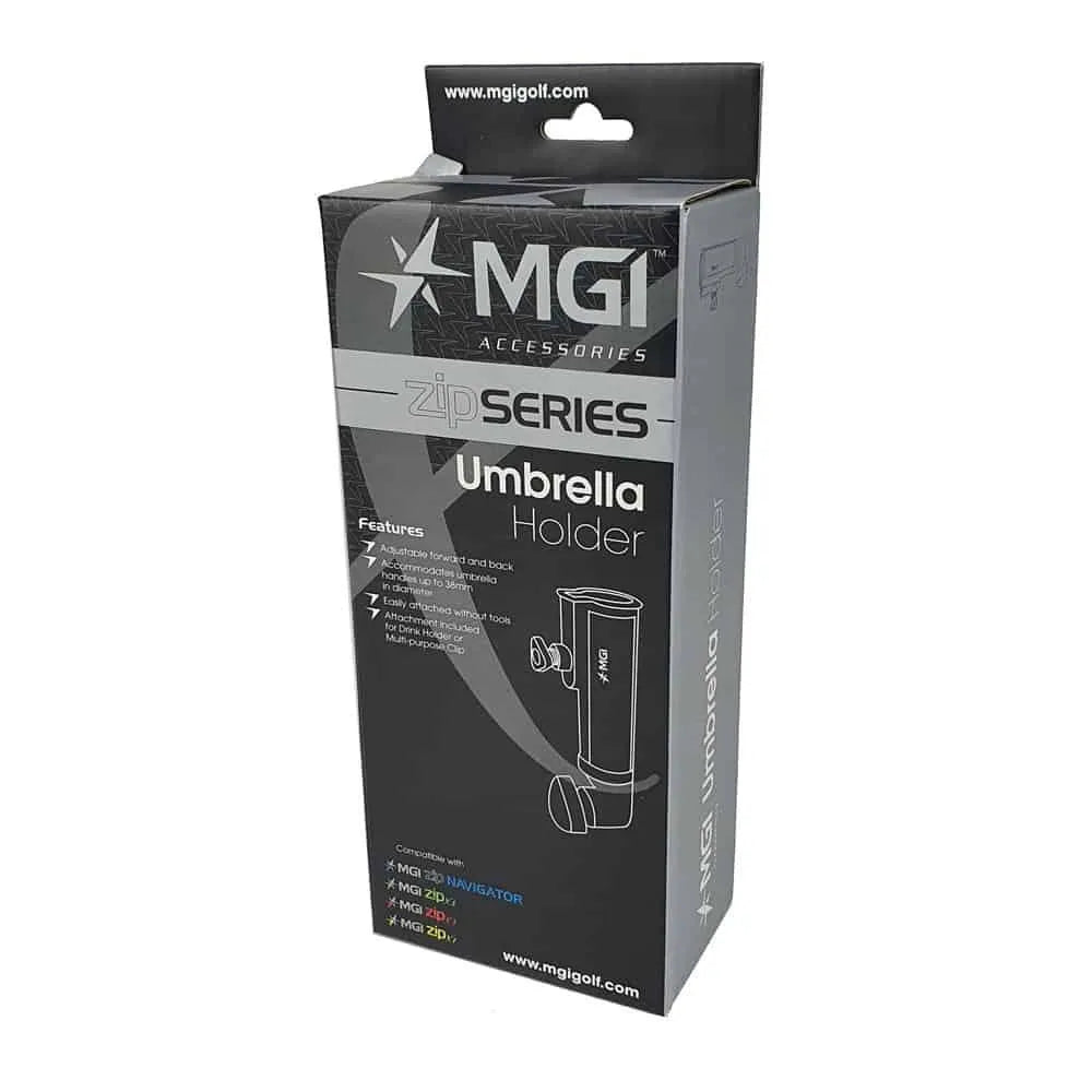 MGI Zip Series umbrella holder for electric golf buggies, retail packaging, Hillside Buggies