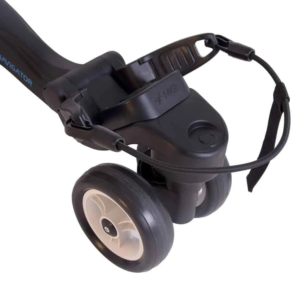 MGI golf buggy bag support block accessory with wheels, close-up, Hillside Buggies