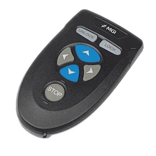 MGI golf buggy remote control with blue directional buttons from Hillside Buggies