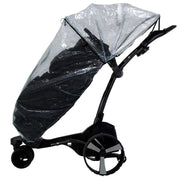 Clear rain cover fitted over electric golf buggy, protects golf gear from wet weather