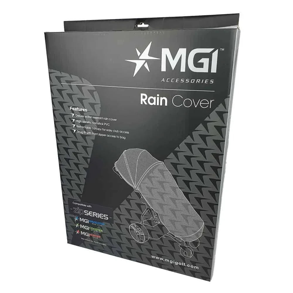 MGI rain cover packaging for electric golf buggy, shows features and compatibility